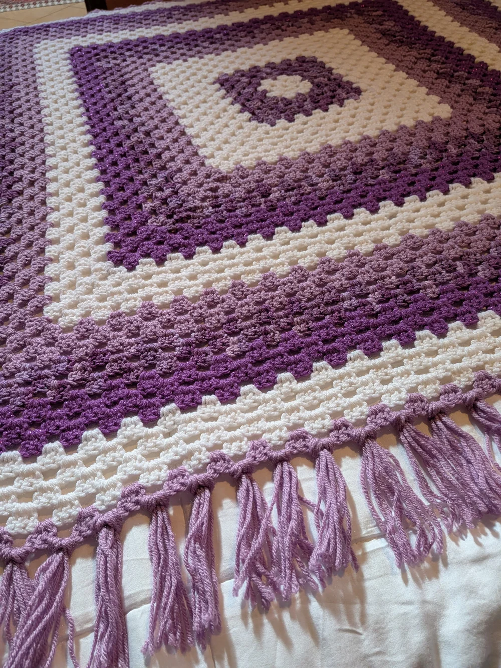 Handmade Crochet Granny Square Throw Blanket Purple White Fringe Afghan